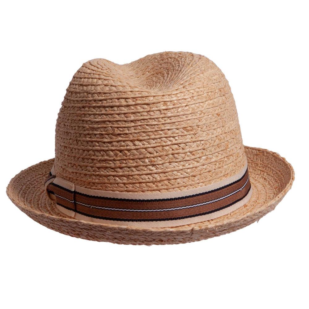 A left side view of brown Straw Fedora hat