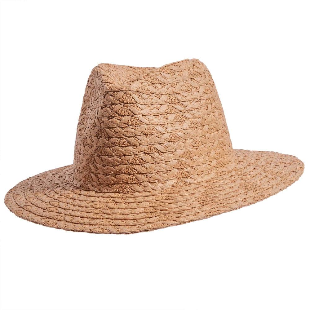 An angled view of Fabian brown straw sun hat 