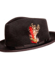 A side angle view of black felt hat