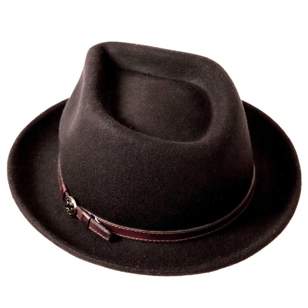 A back view of the black fedora hat