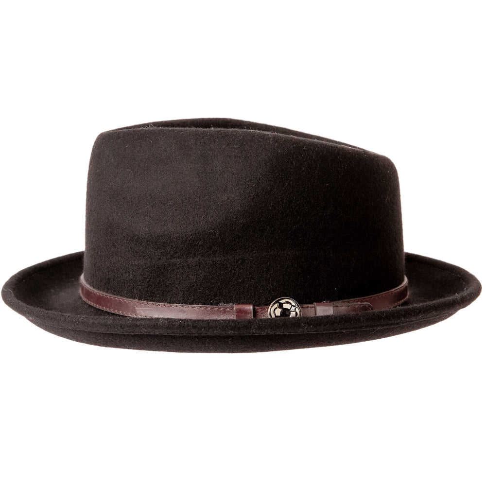 A side view of a black fedora hat