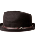 A side view of a black fedora hat