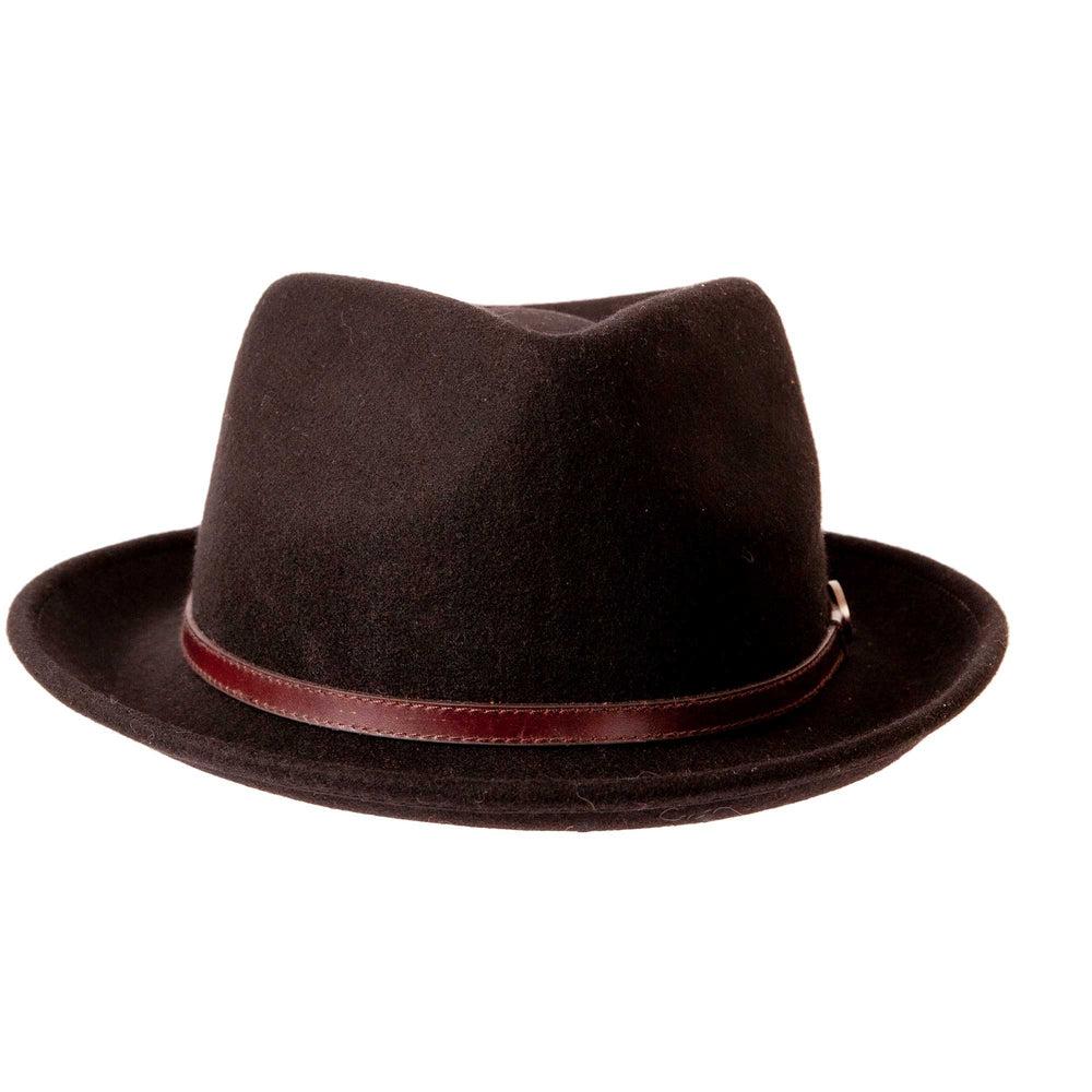 A front view of a black fedora hat