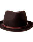 A front view of a black fedora hat