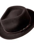 An angled view of the black fedora hat