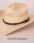 Jaded Leather Cowboy Hat Band with Silver Buckle on a cream hat