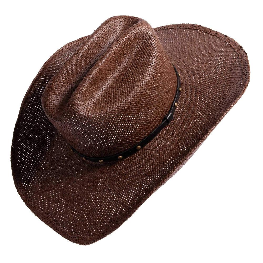 An angled left side view of Koda brown straw cowboy hat 