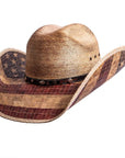 A back angled view of Liberty US flag designed straw cowboy hat 