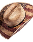 A side top view of a Liberty US flag designed straw cowboy hat 