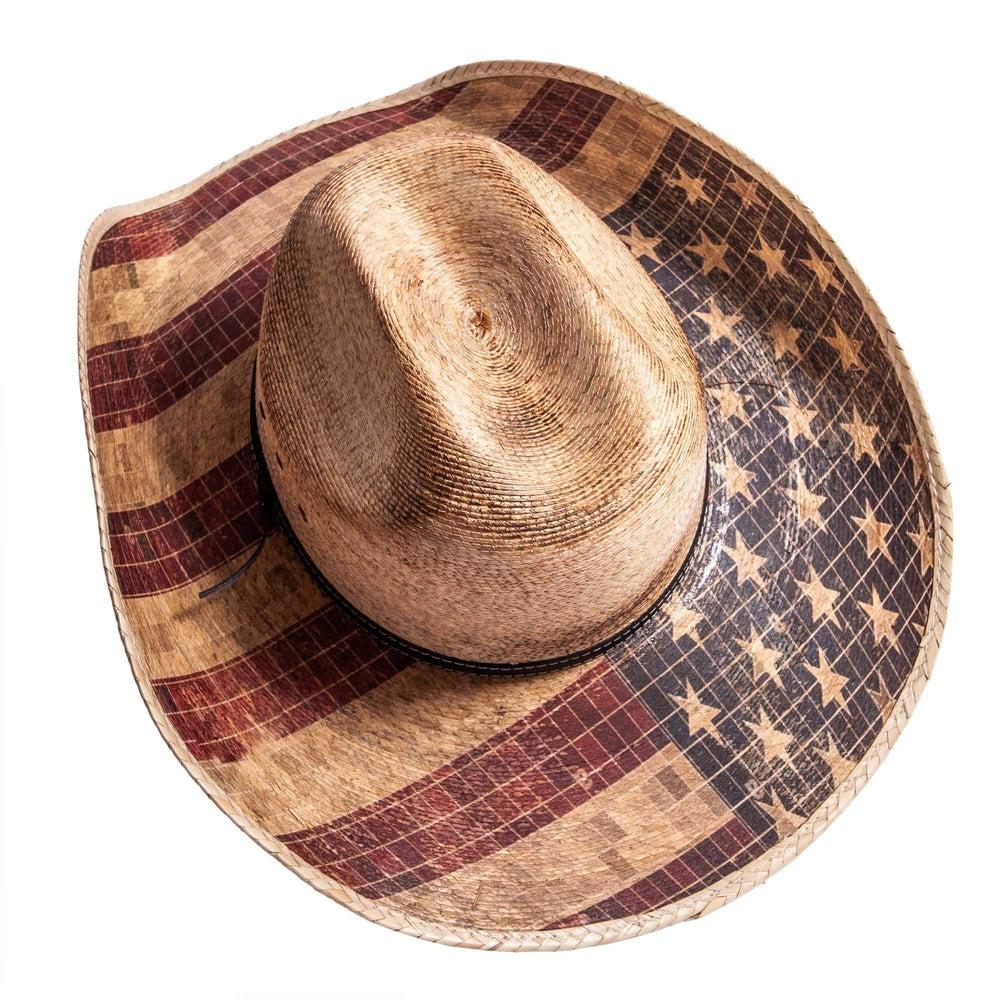 An angled top view of Liberty US flag designed straw cowboy
