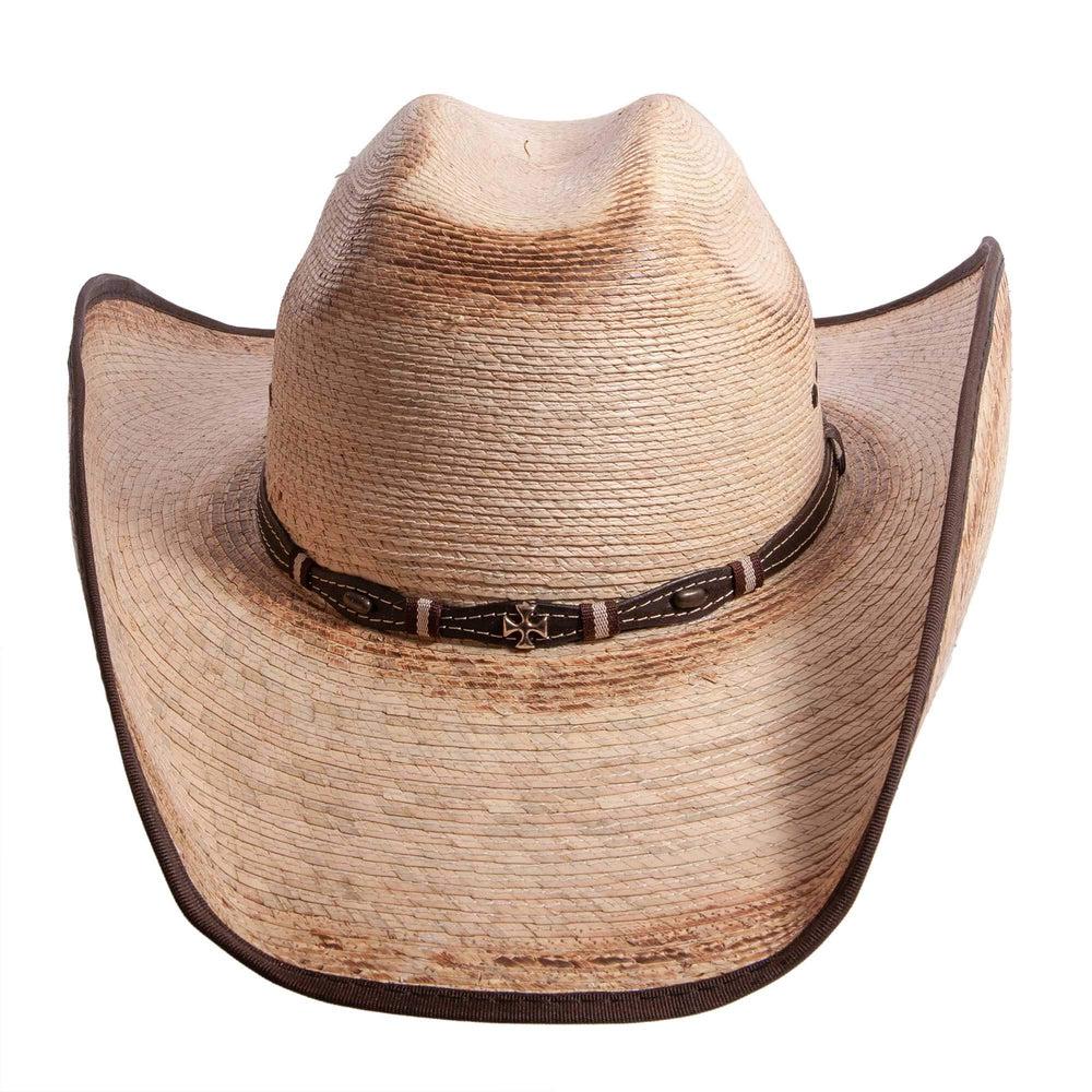 A front view of Lucas distressed straw cowboy hat 