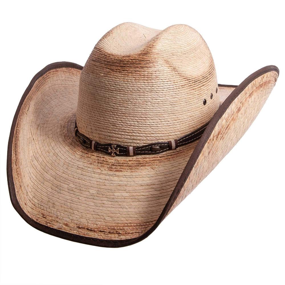 An angled front view of Lucas distressed straw cowboy hat 