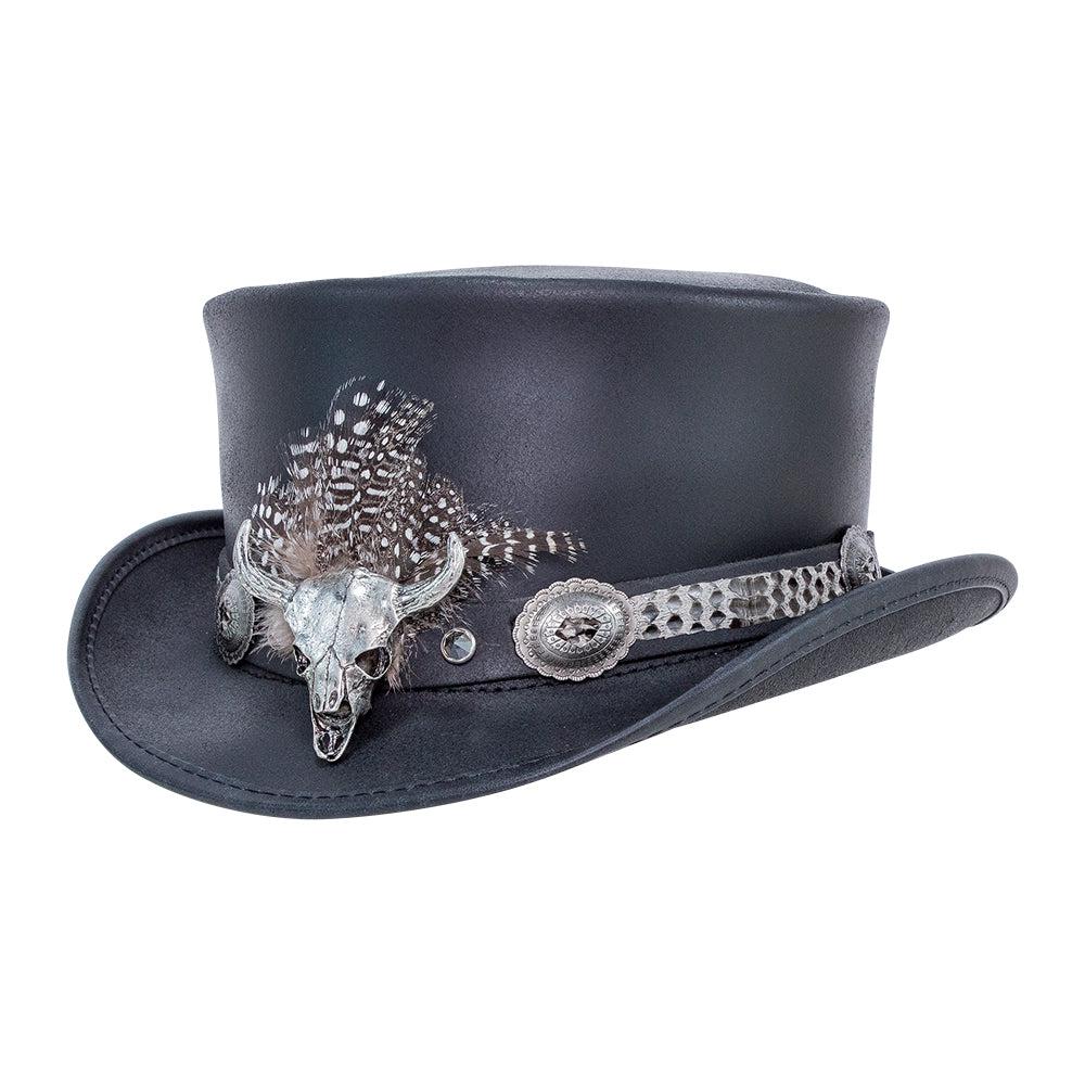 A side view of a True grit hat band on a black top hat