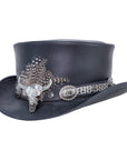 A side view of a True grit hat band on a black top hat