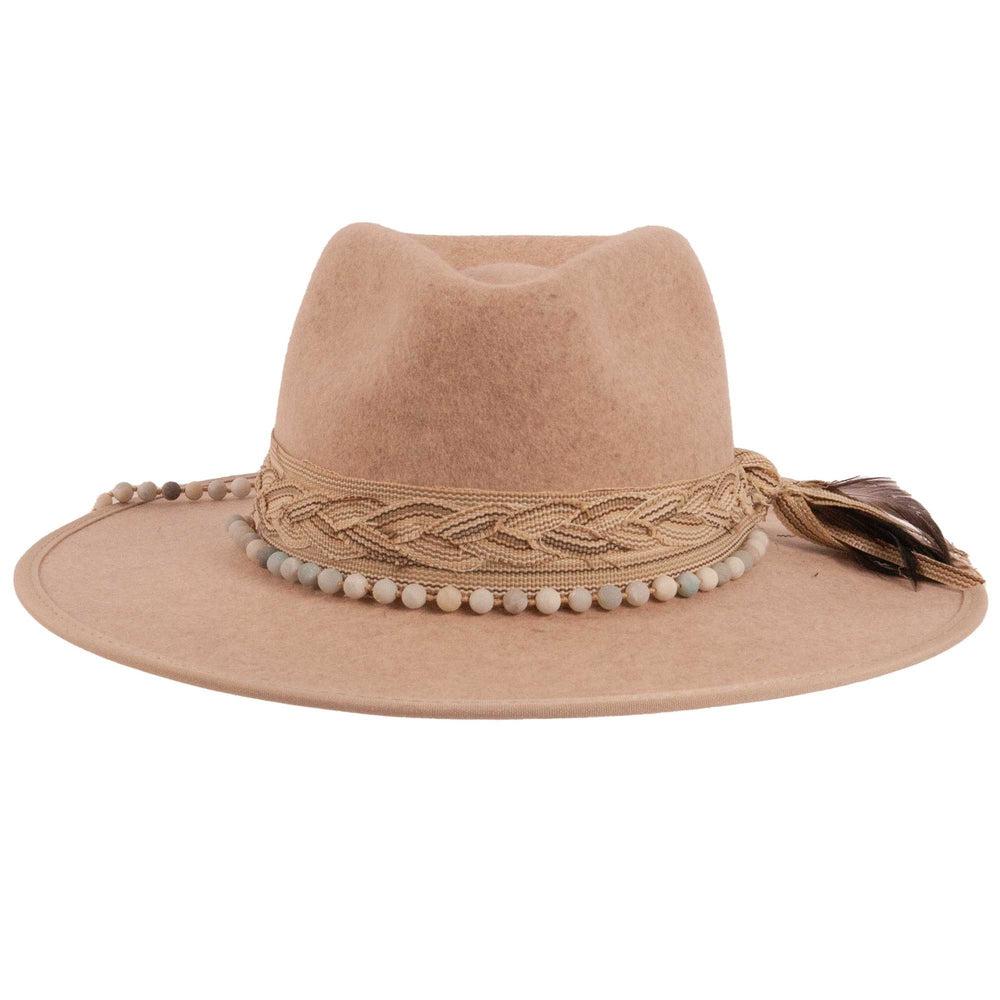 A front view of a cream cowboy hat
