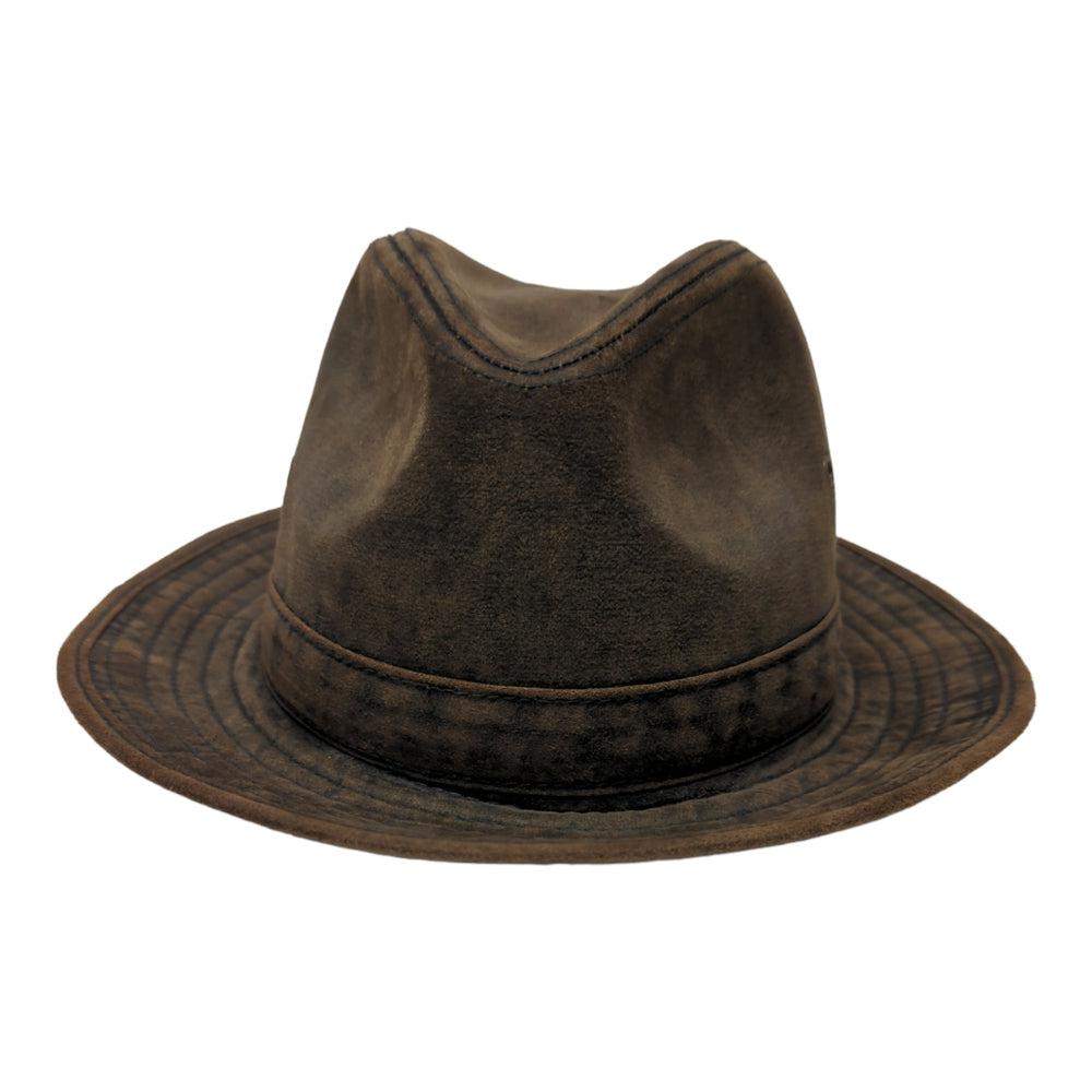 A front view of brown fedora hat