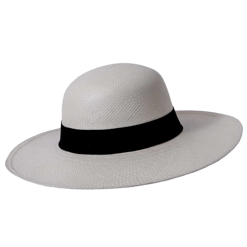 An angled view of Pamela White Panama Hat 