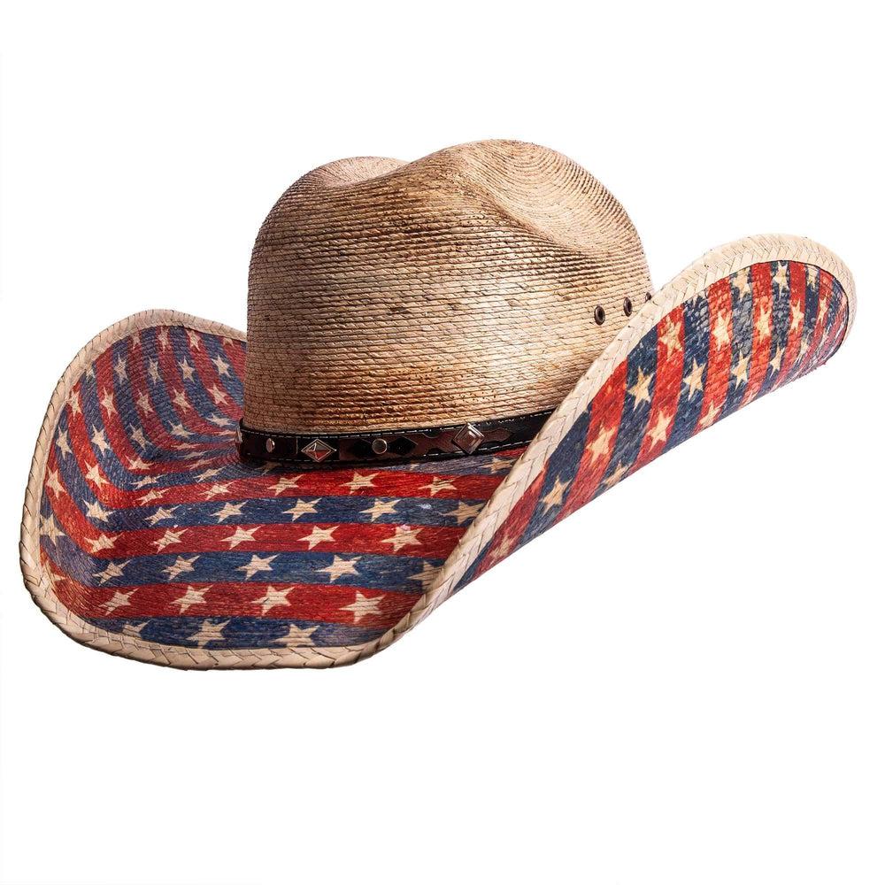 An angled back view of Patriot distressed straw cowboy hat 