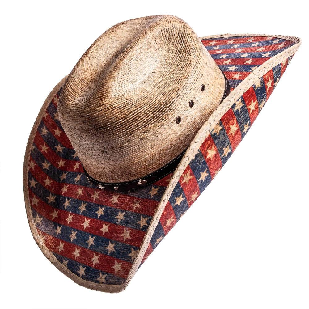 An angled side view of Patriot distressed straw cowboy hat 