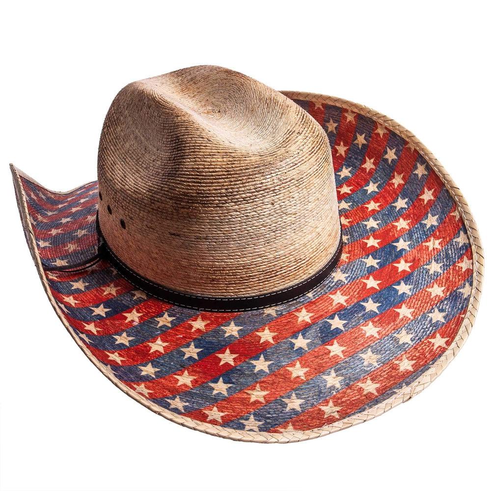 A back view of Patriot distressed straw cowboy hat 