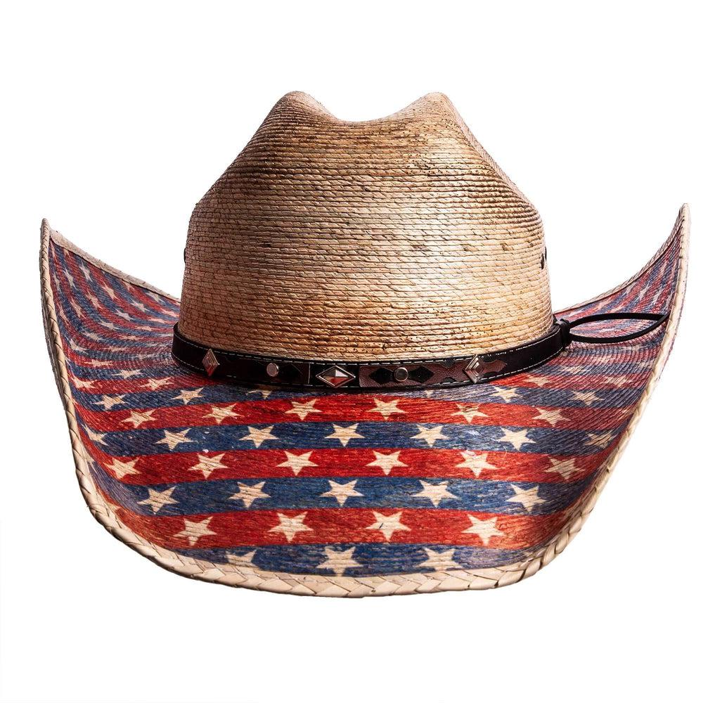 A back view of Patriot distressed straw cowboy hat 