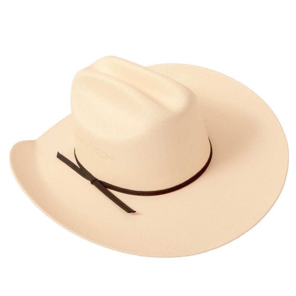 A back top view of a Pioneer Cream Straw Cowboy Hat 