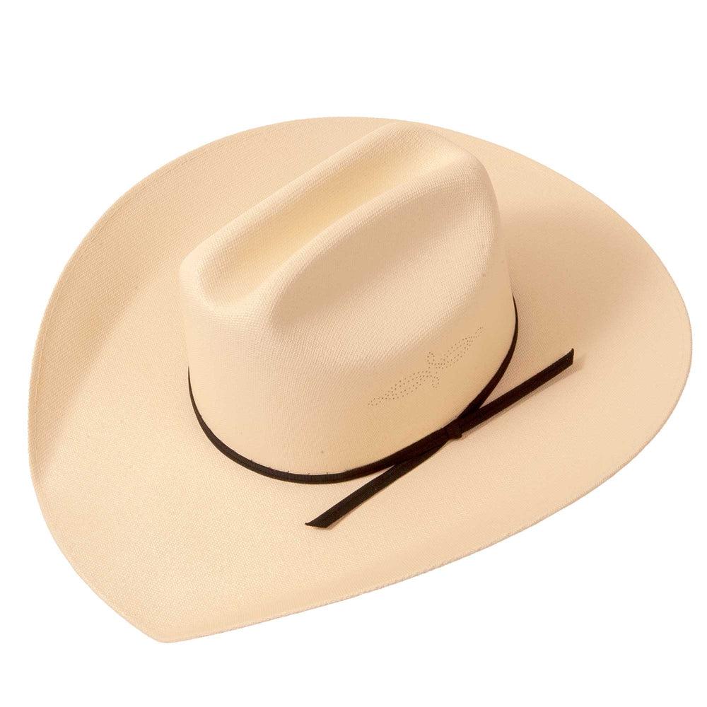 An angle view of Pioneer Cream Straw Cowboy Hat 