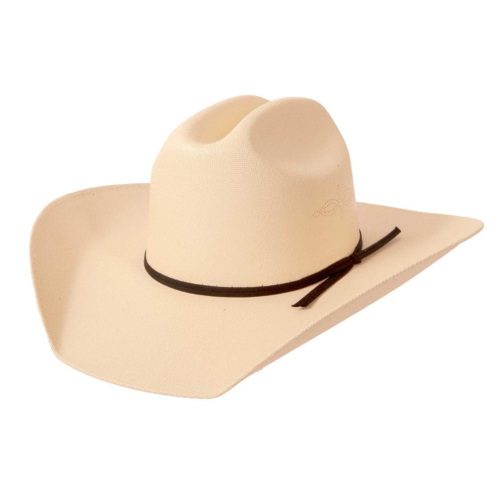 An angle view of a Pioneer Cream Straw Cowboy Hat 