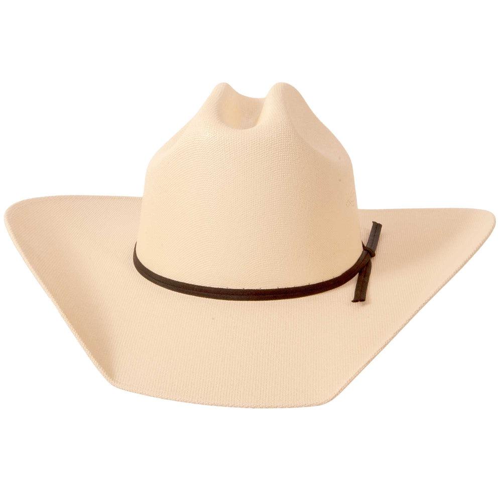 A front view of a Pioneer Cream Straw Cowboy Hat 