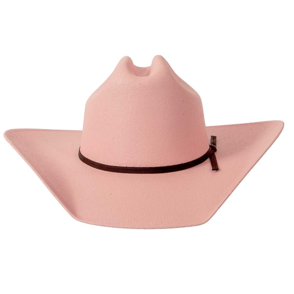 A front view of Pioneer Pink Straw Cowboy Hat
