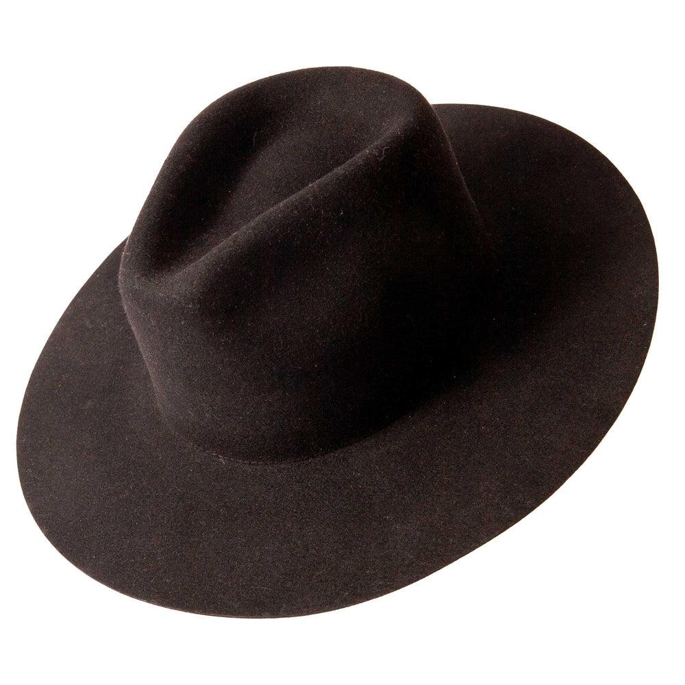 An angle view of Black Rancher Felt Fedora Hat
