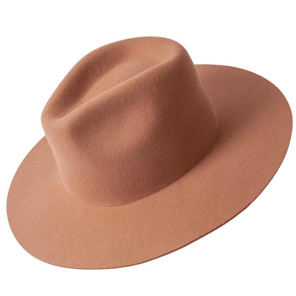 An angle view of Tan Rancher Felt Fedora Hat 