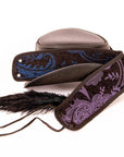 A side view of a Blue & Purple Leather Hat 