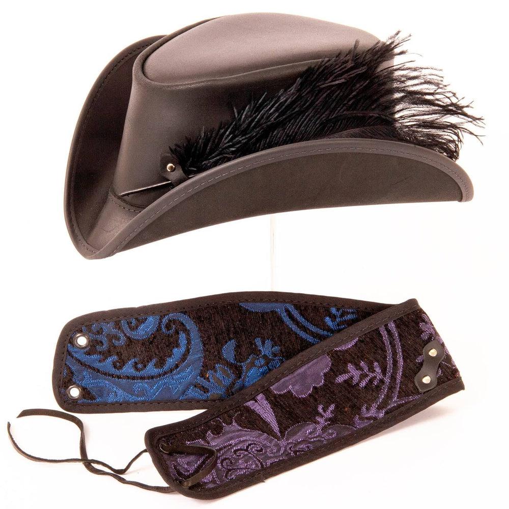 A side view of a  Reversible Ren Blue &amp; Purple Leather Fabric Hat 