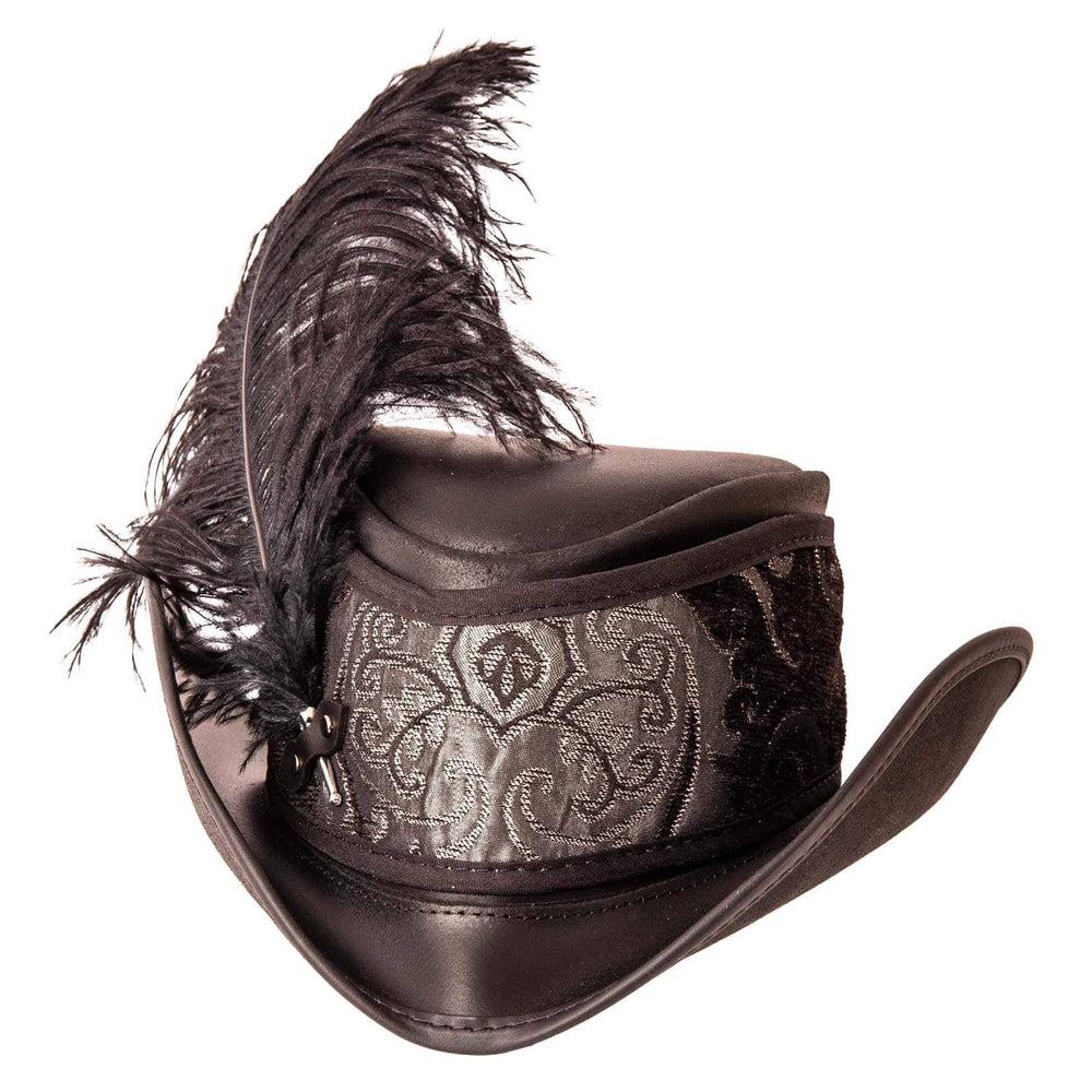 A front view of a Reversible Ren Black &amp; Silver Leather Hat 
