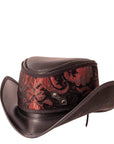 An angle view of a Reversible Ren Black & Red Leather Hat without a feather