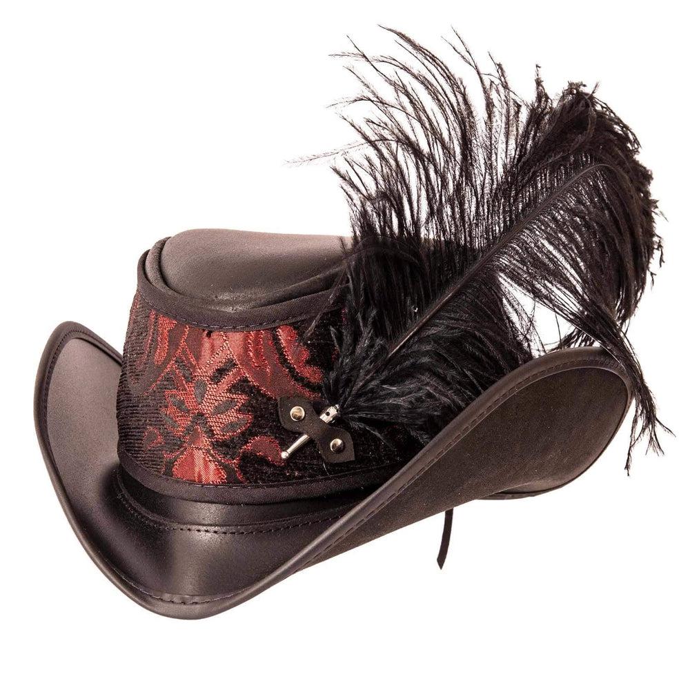 An angle view of a Reversible Ren Black & Red Leather Hat with a feather