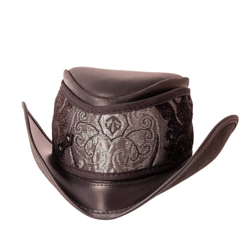 A front view of a Reversible Ren Black &amp; Silver Leather Hat without a feather