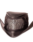 A front view of a Reversible Ren Black & Silver Leather Hat without a feather