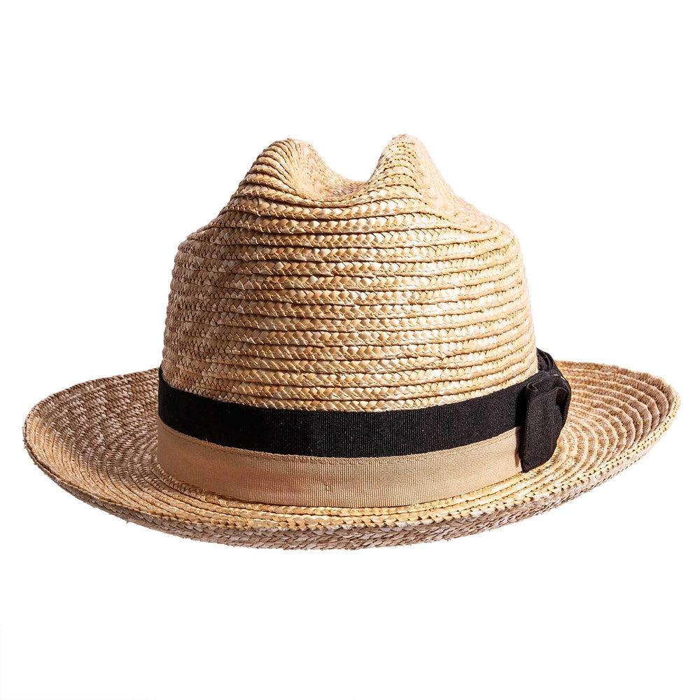 A side view of Sawyer brown straw sun hat 