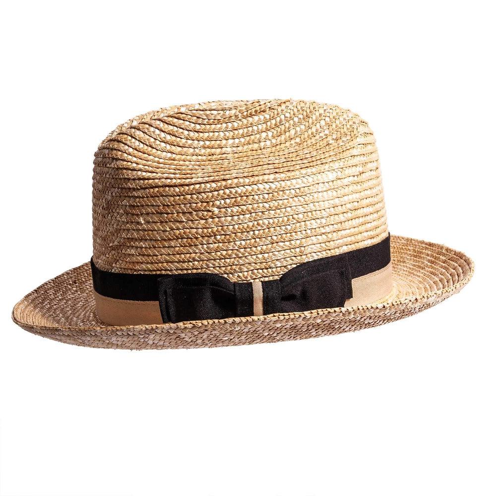 A front view of Sawyer brown straw sun hat 