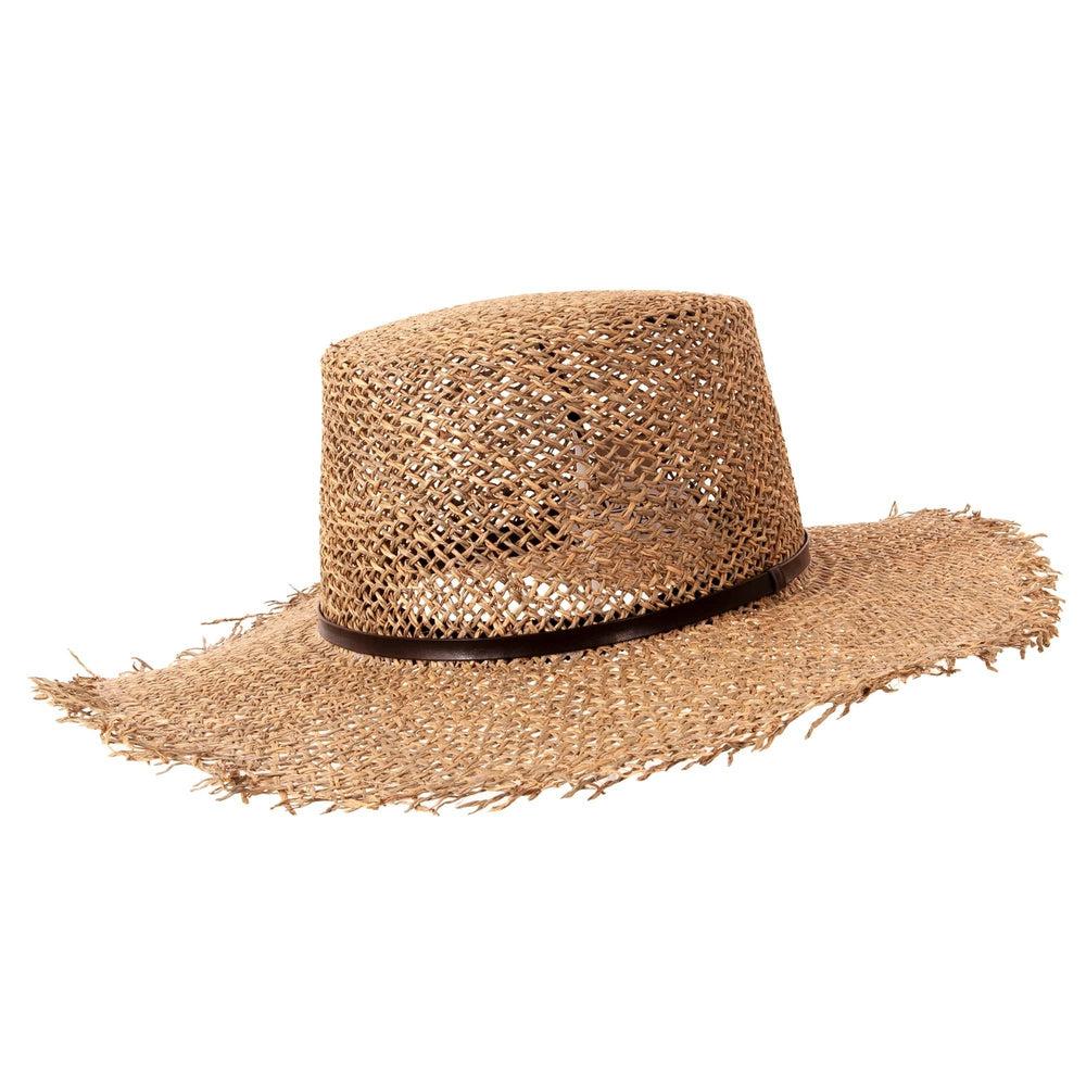 An angle view of a Seabrook Natural Straw Hat 
