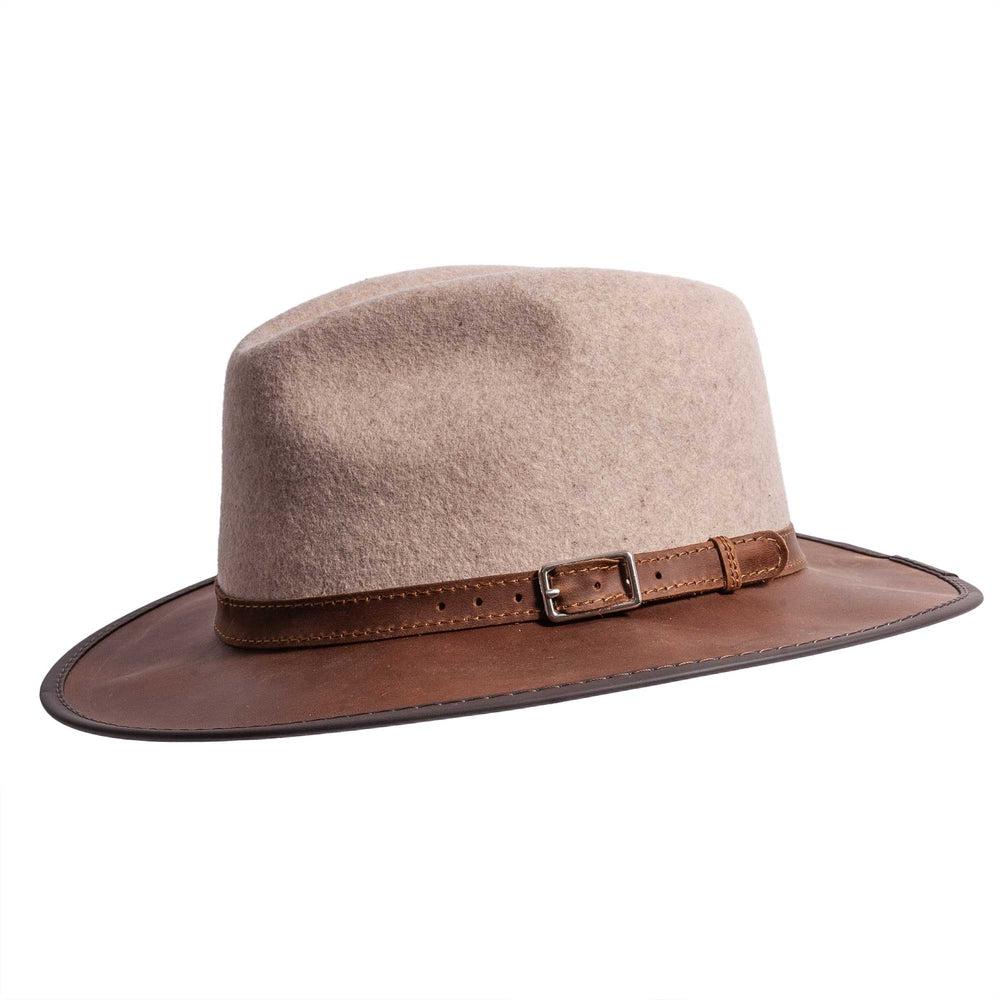 A left side view of oatmeal color summit felt fedora