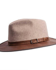 A left side view of oatmeal color summit felt fedora