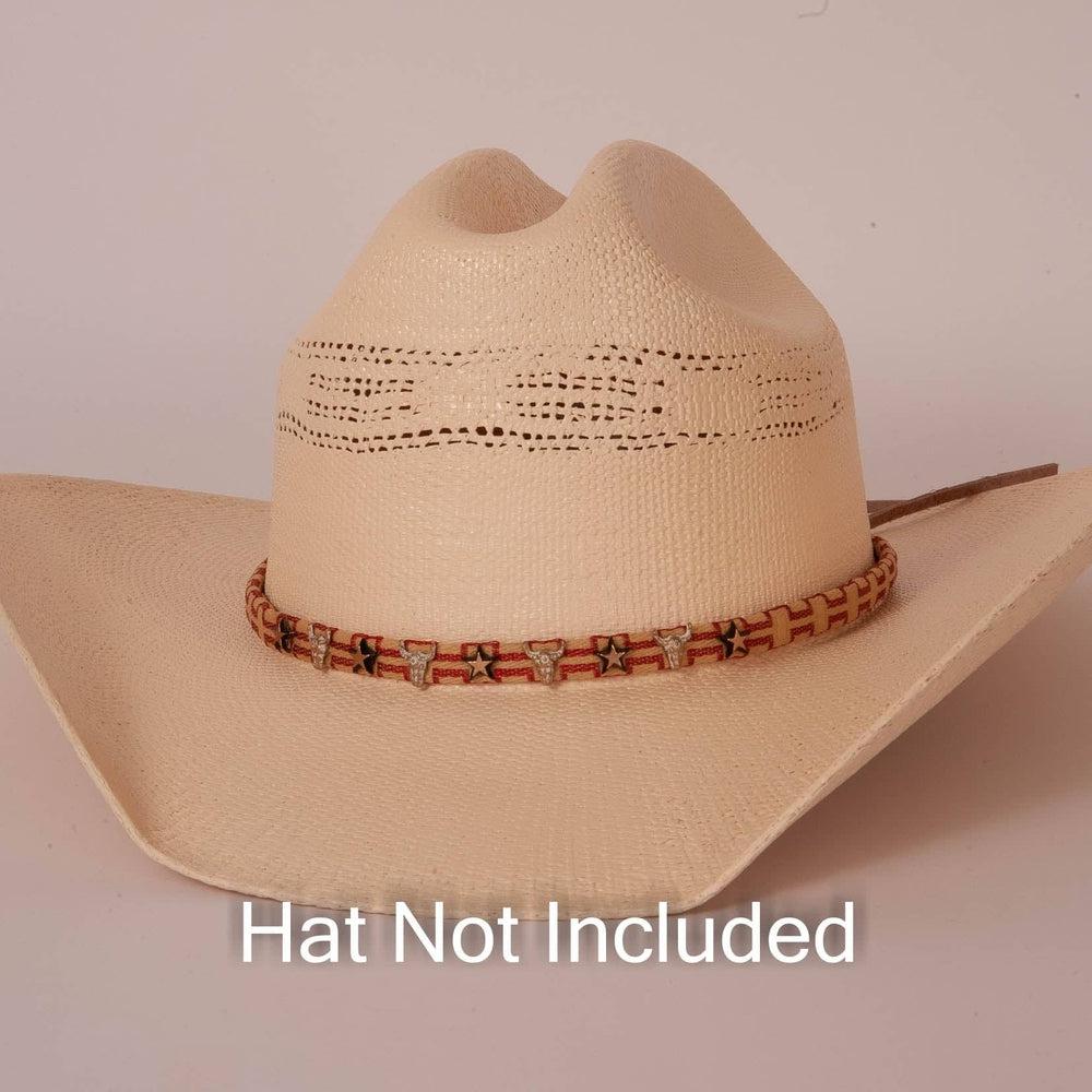 Texas Longhorn Tan Cowboy Hat Band on a white hat
