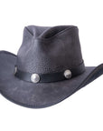 An front view of a Cyclone Black Leather Cowboy Hat with 3" Brim and 4" Crown 