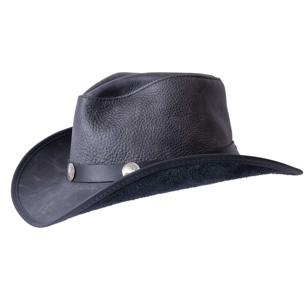 A side view of a Cyclone Black Leather Cowboy Hat with 3&quot; Brim and 4&quot; Crown 