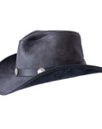 A side view of a Cyclone Black Leather Cowboy Hat with 3" Brim and 4" Crown 