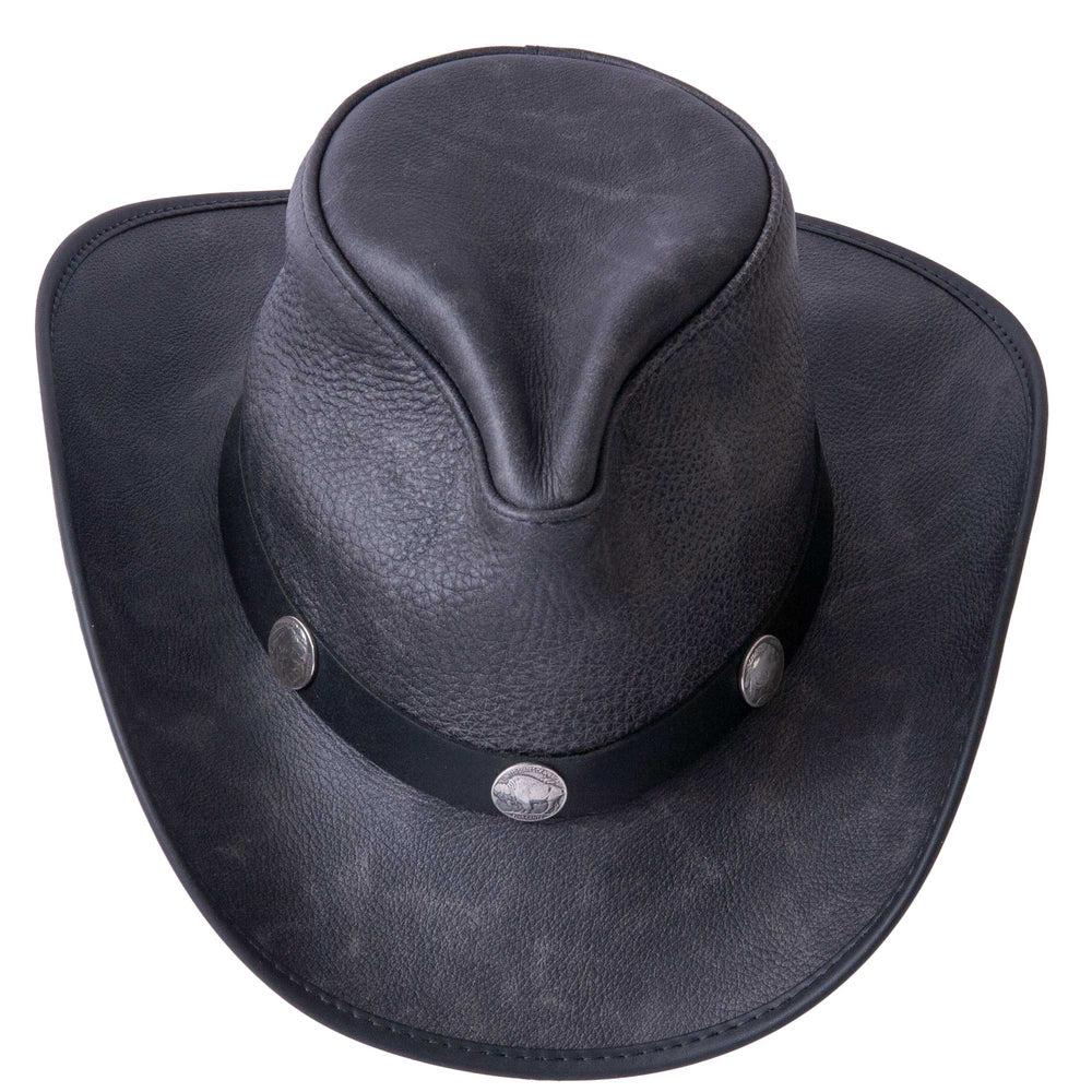 A top view of a Cyclone Black Leather Cowboy Hat with 3&quot; Brim and 4&quot; Crown 
