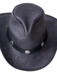 A top view of a Cyclone Black Leather Cowboy Hat with 3" Brim and 4" Crown 